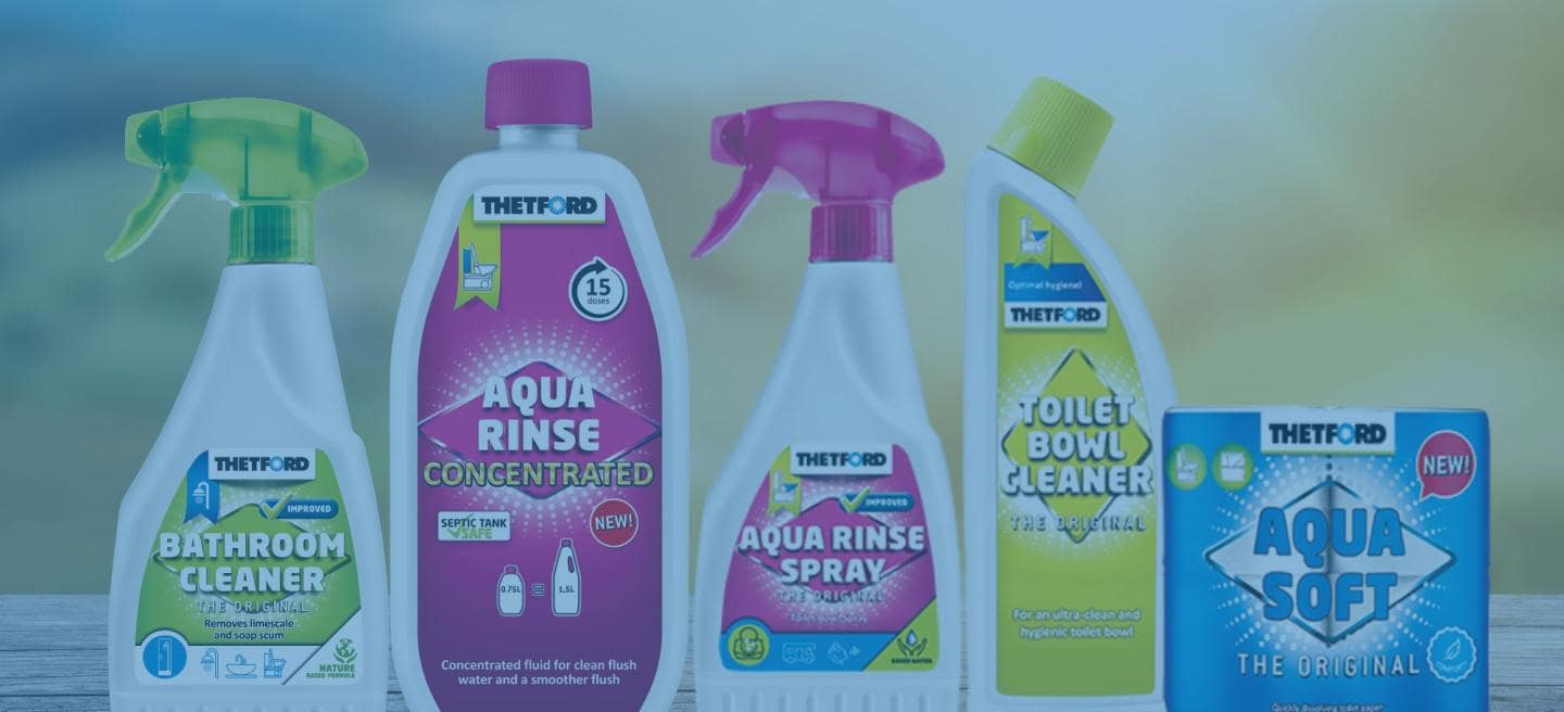 line up thetford bathroom cleaning and rinse products