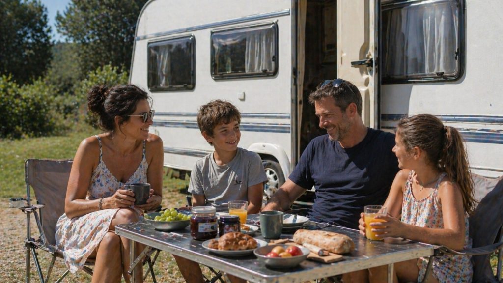 family eating in front of caravan